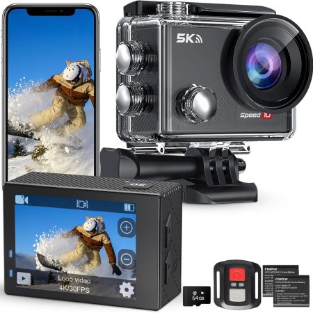 Action Camera 5K 30FPS Waterproof Camera Underwater 131 FT with EIS, Remote Control Speed 10 Sports Camera 5X Zoom with 64GB Card, 2x1350mAh Battery