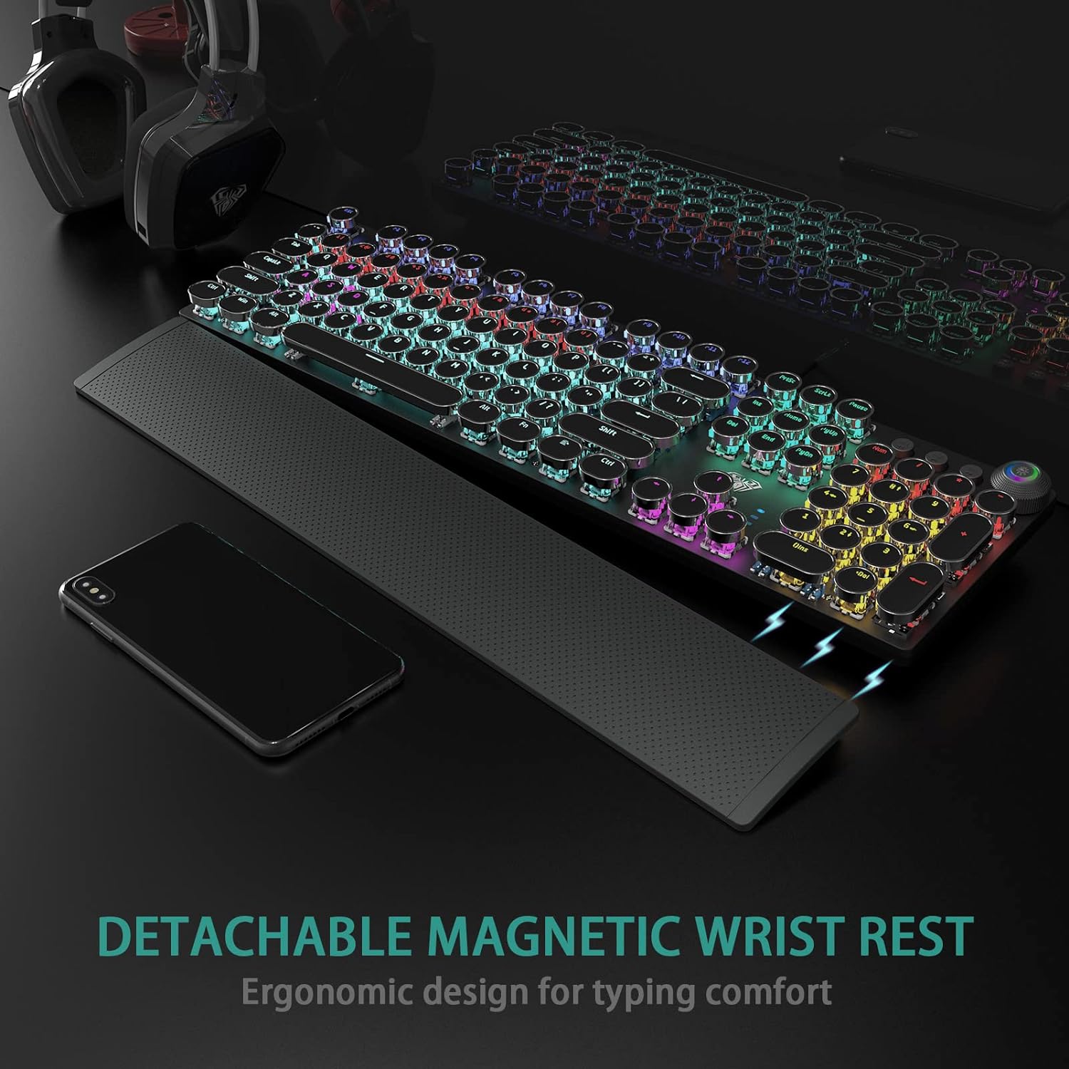 AULA F2088 Typewriter Style Mechanical Gaming Keyboard Blue Switches,Rainbow LED Backlit,Removable Wrist Rest,Media Control Knob,Retro Punk Round Keycaps,USB Wired Computer Keyboard - Image 4