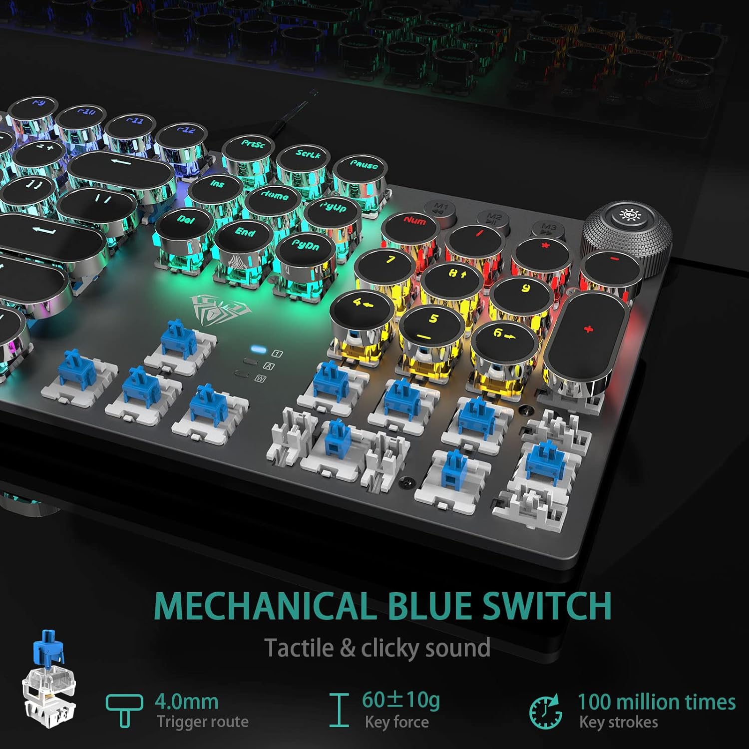 AULA F2088 Typewriter Style Mechanical Gaming Keyboard Blue Switches,Rainbow LED Backlit,Removable Wrist Rest,Media Control Knob,Retro Punk Round Keycaps,USB Wired Computer Keyboard - Image 5