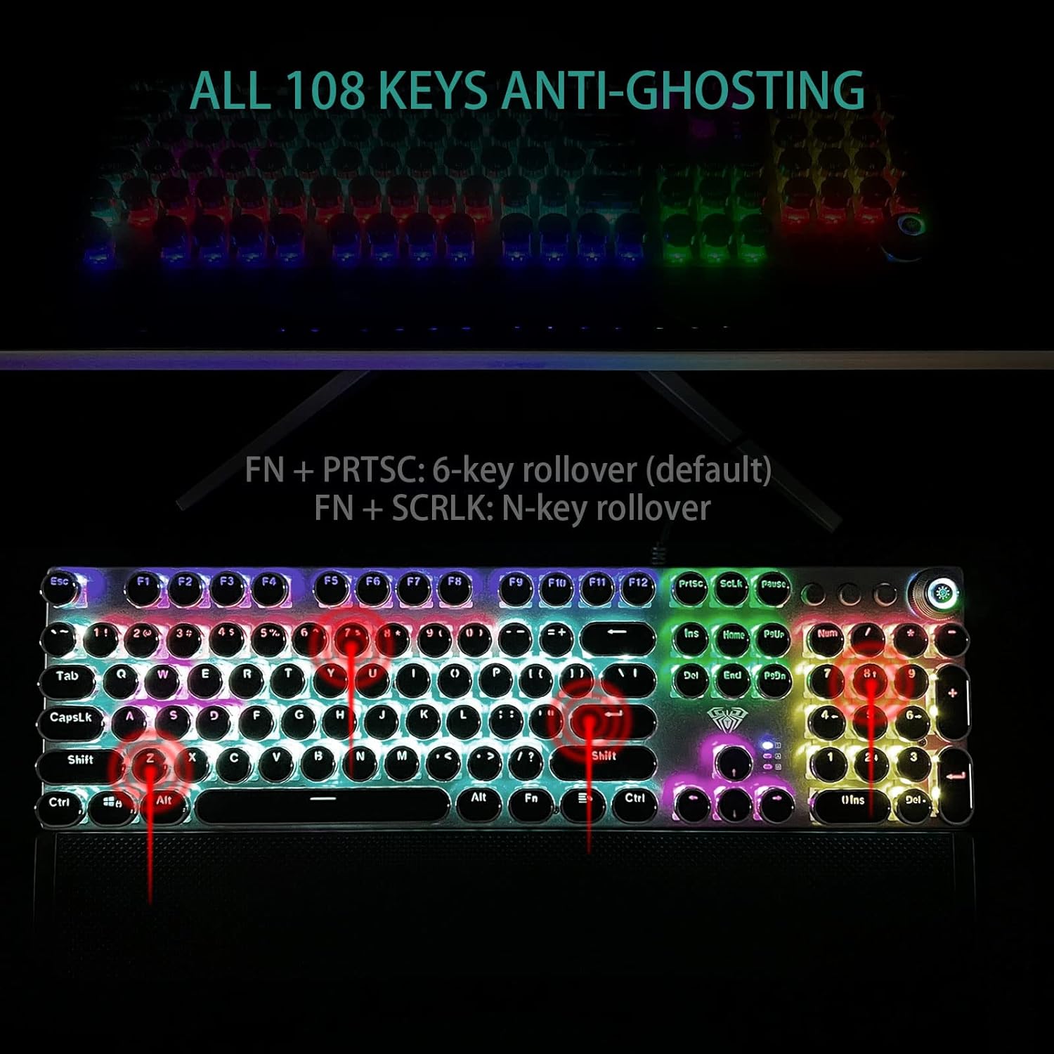 AULA F2088 Typewriter Style Mechanical Gaming Keyboard Blue Switches,Rainbow LED Backlit,Removable Wrist Rest,Media Control Knob,Retro Punk Round Keycaps,USB Wired Computer Keyboard - Image 6