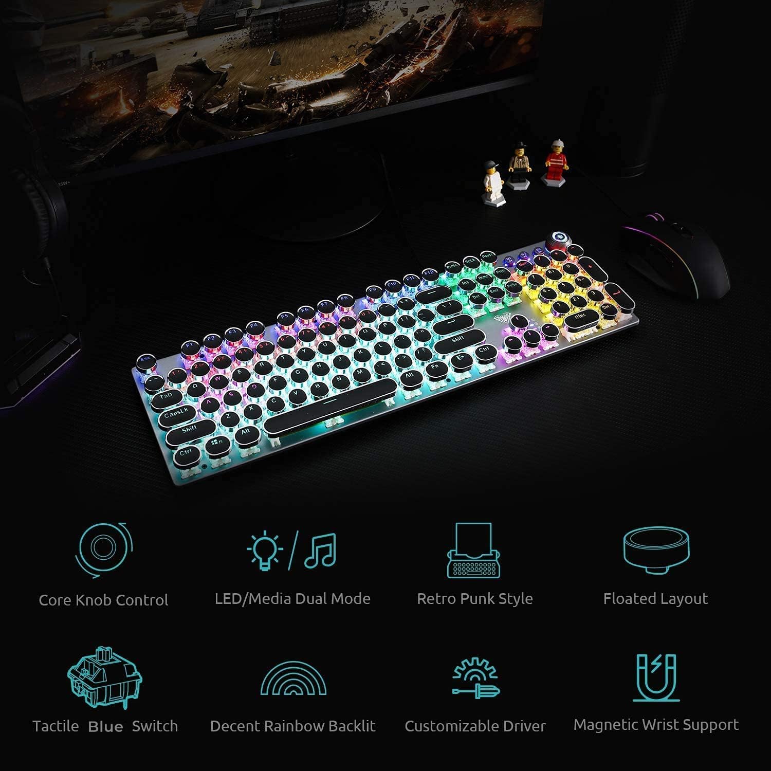 AULA F2088 Typewriter Style Mechanical Gaming Keyboard Blue Switches,Rainbow LED Backlit,Removable Wrist Rest,Media Control Knob,Retro Punk Round Keycaps,USB Wired Computer Keyboard - Image 8