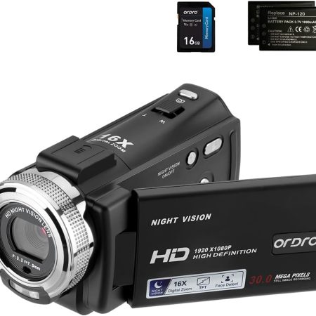 ORDRO Camcorders HDV-V12 HD 1080P Video Camera Recorder Infrared Night Vision Camera Camcorders with 16G Memory Card and 2 Batteries
