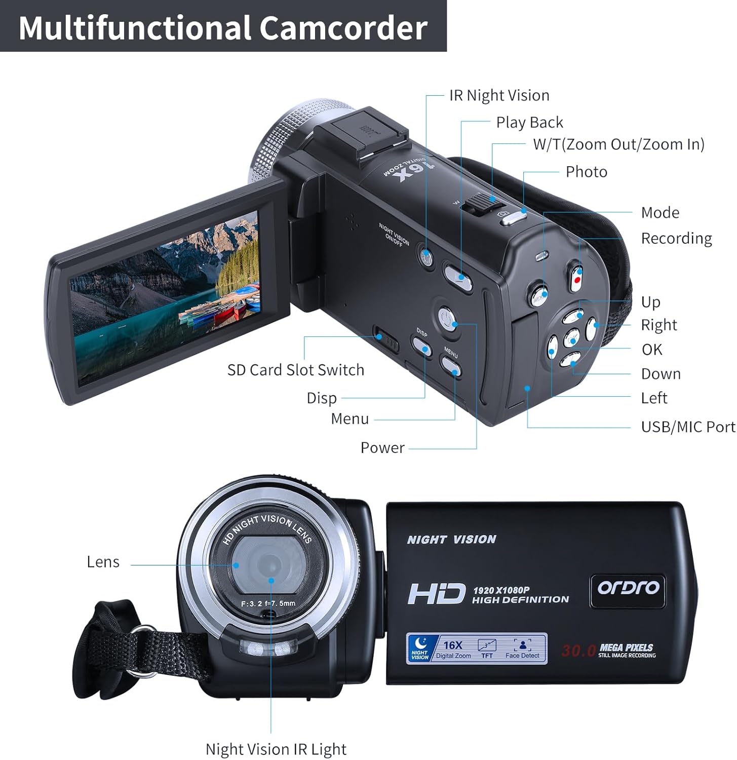 ORDRO Camcorders HDV-V12 HD 1080P Video Camera Recorder Infrared Night Vision Camera Camcorders with 16G Memory Card and 2 Batteries - Image 2
