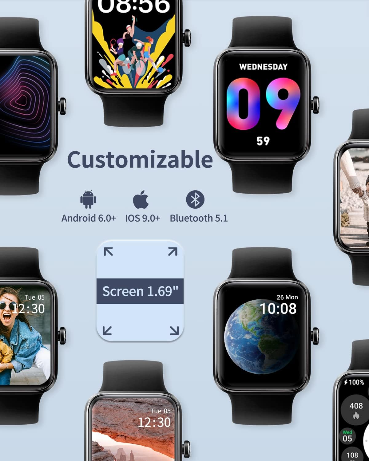 Smart Watch for Men Women Android iPhone, Alexa Built-in Fitness Watch with 1.8" LCD Screen & Bluetooth Call (Make/Answer), Heart Rate/SpO2/Sleep Monitor, 100 Sports, IP68 Waterproof Smartwatch - Image 2