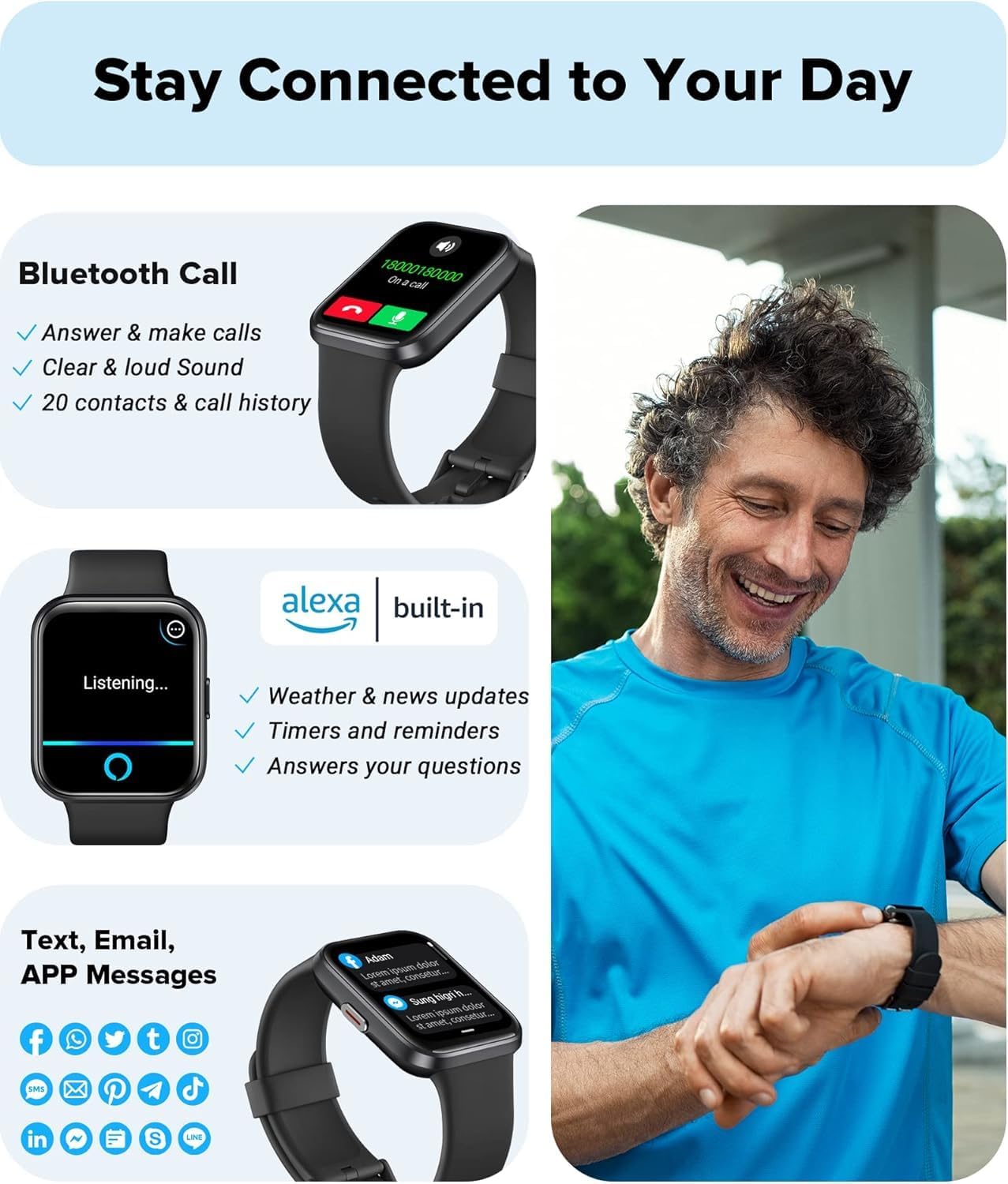 Smart Watch for Men Women Android iPhone, Alexa Built-in Fitness Watch with 1.8" LCD Screen & Bluetooth Call (Make/Answer), Heart Rate/SpO2/Sleep Monitor, 100 Sports, IP68 Waterproof Smartwatch - Image 3