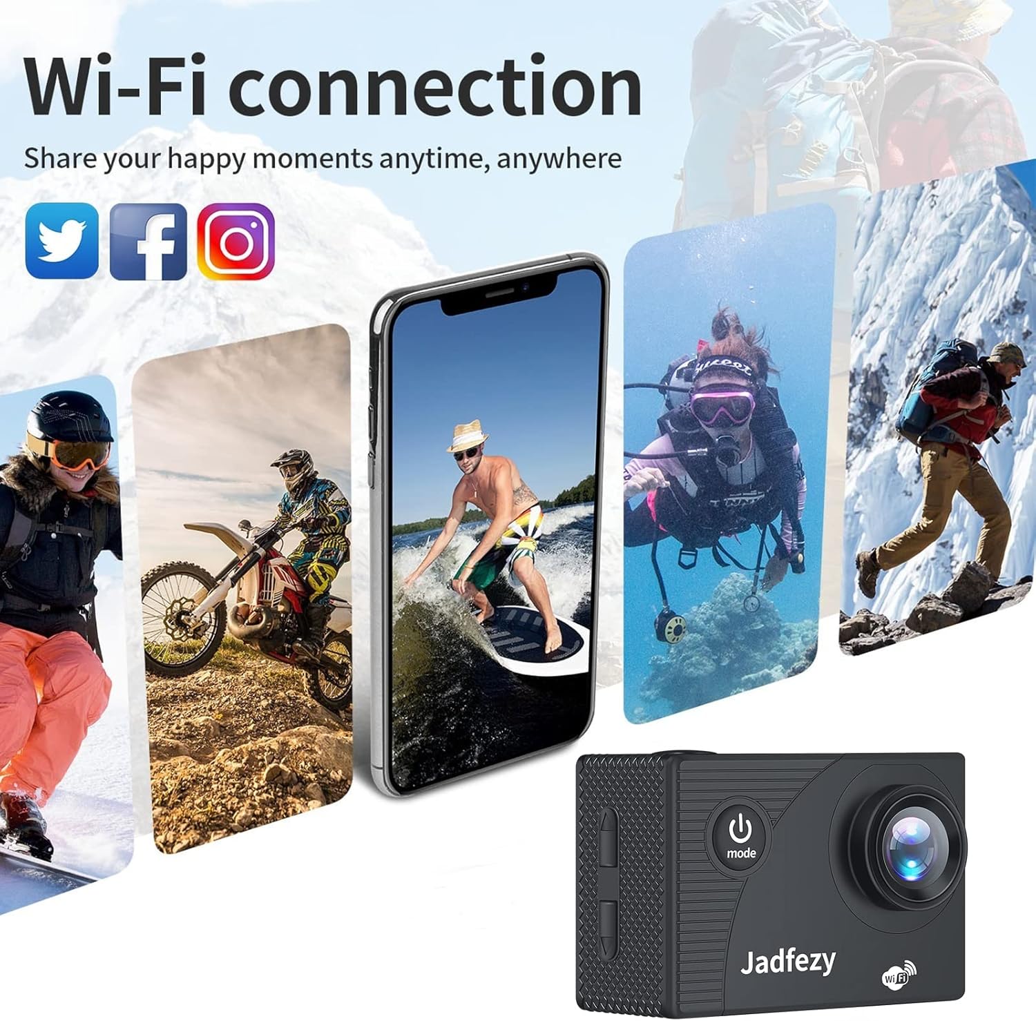 WiFi Action Camera Ultra HD 1080P, 12MP Sports Camera Wide-Angle 2" LCD Screen, 30m/98ft Underwater Waterproof Camera with 2 Batteries and Accessories Kit for Helmet and Bicycle etc. - Image 3